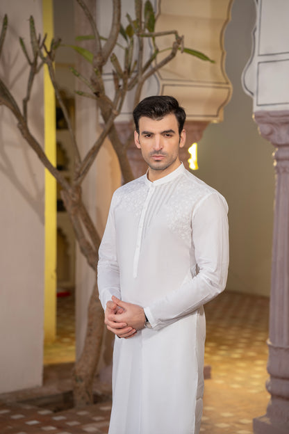 Men Embroidered Unstitch Kameez Shalwar-Off-White