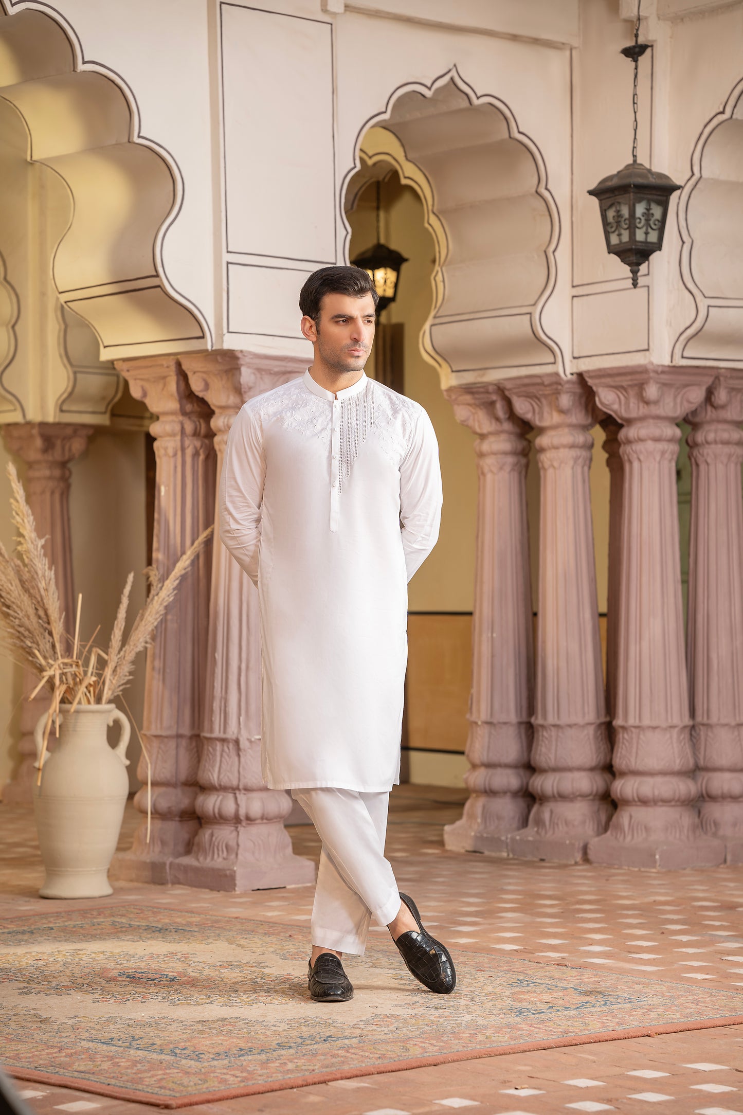 Men Embroidered Unstitch Kameez Shalwar-Off-White