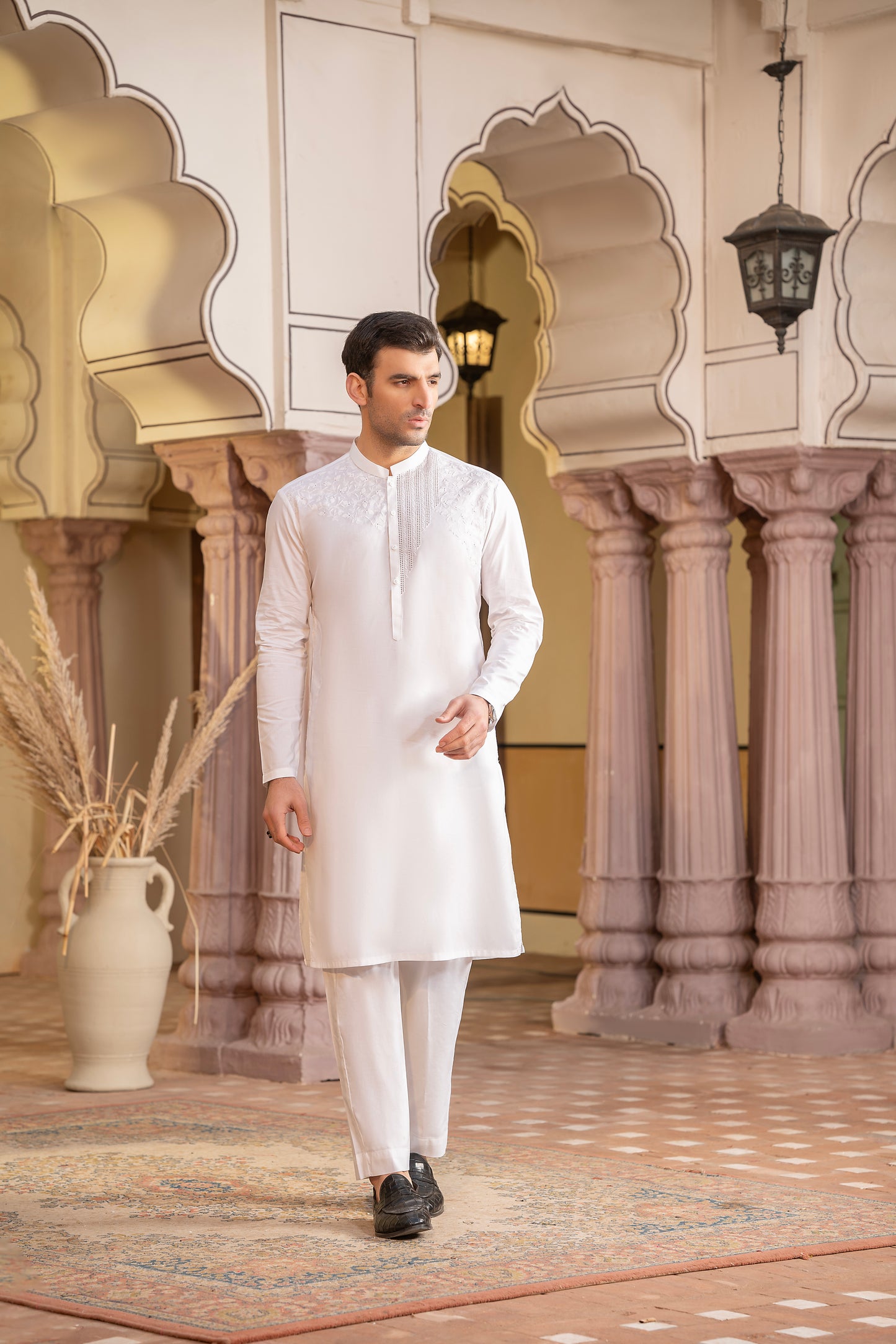 Men Embroidered Unstitch Kameez Shalwar-Off-White