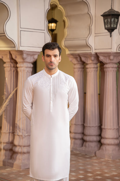 Men Embroidered Unstitch Kameez Shalwar-Off-White