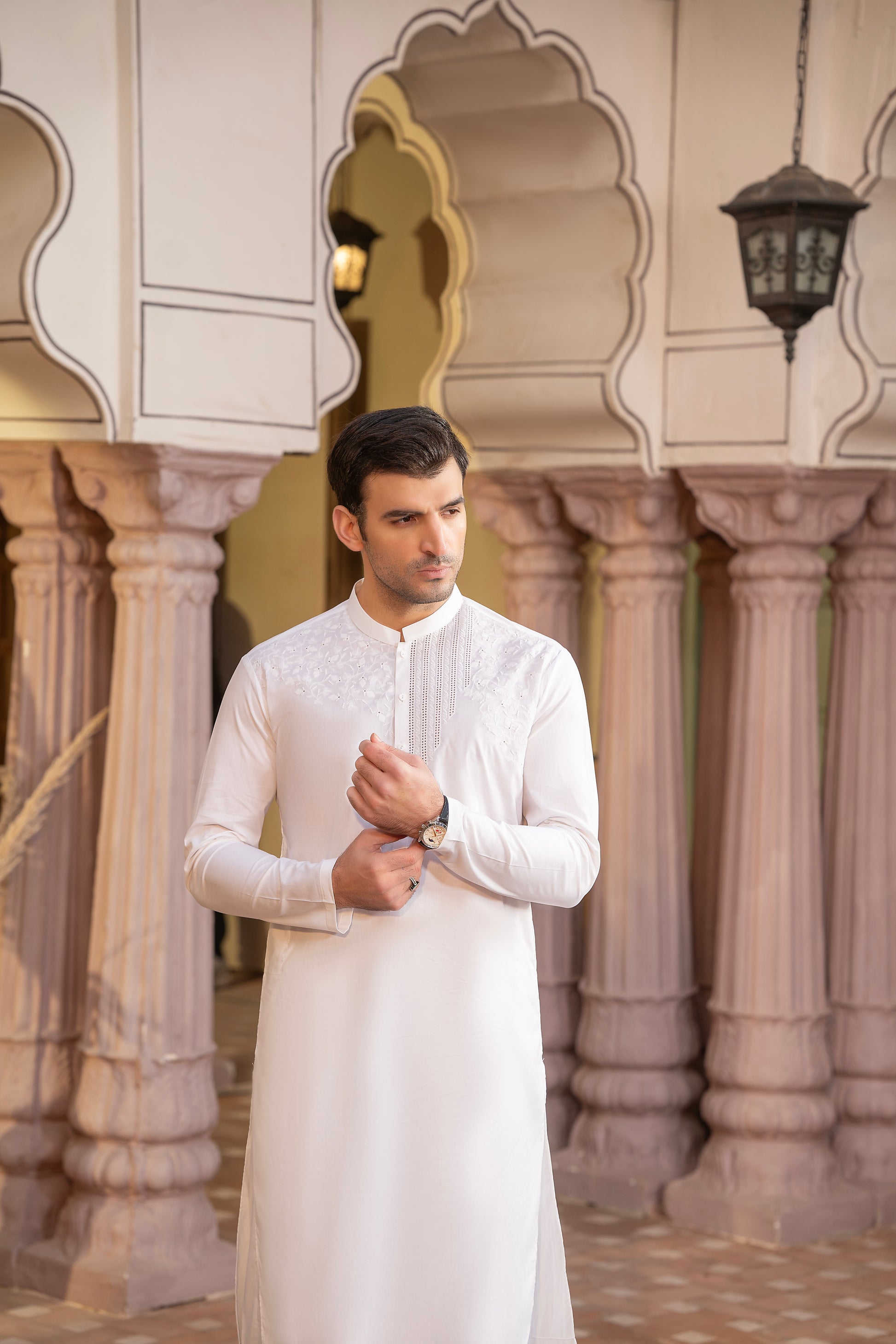Men Embroidered Unstitch Kameez Shalwar-Off-White