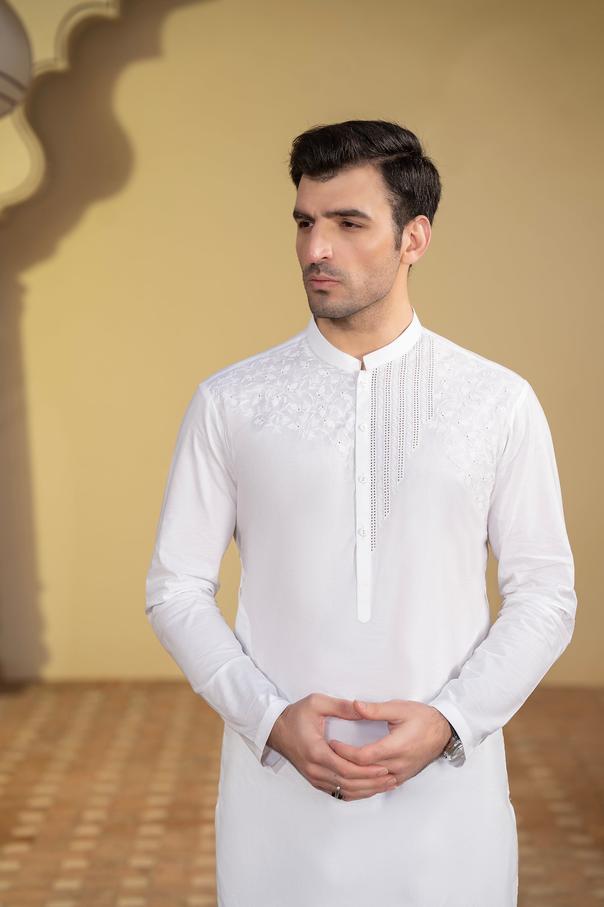 Men Embroidered Unstitch Kameez Shalwar-Off-White
