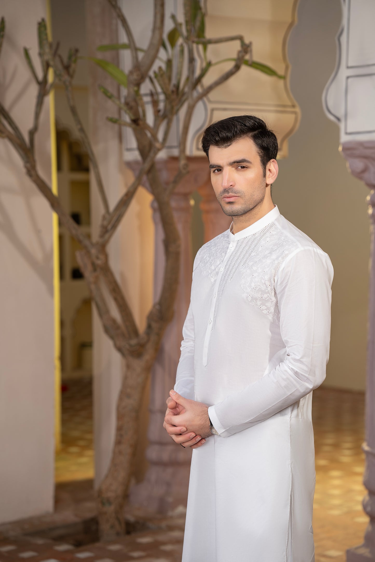 Men Embroidered Unstitch Kameez Shalwar-Off-White