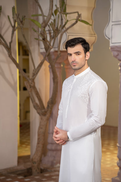 Men Embroidered Unstitch Kameez Shalwar-Off-White