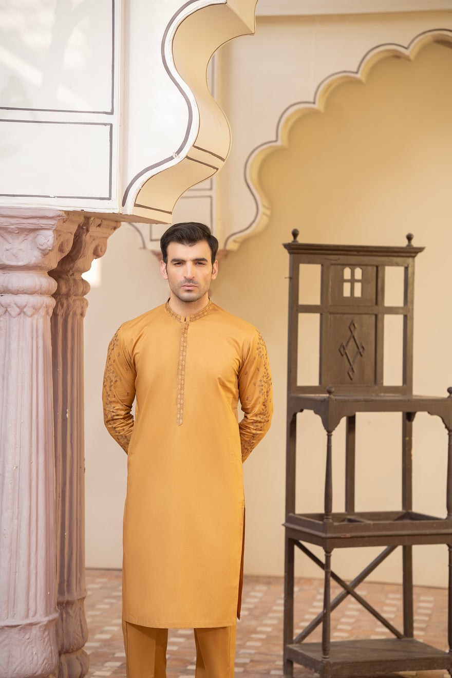 Men Embroidered Unstitch Kameez Shalwar-Mustard