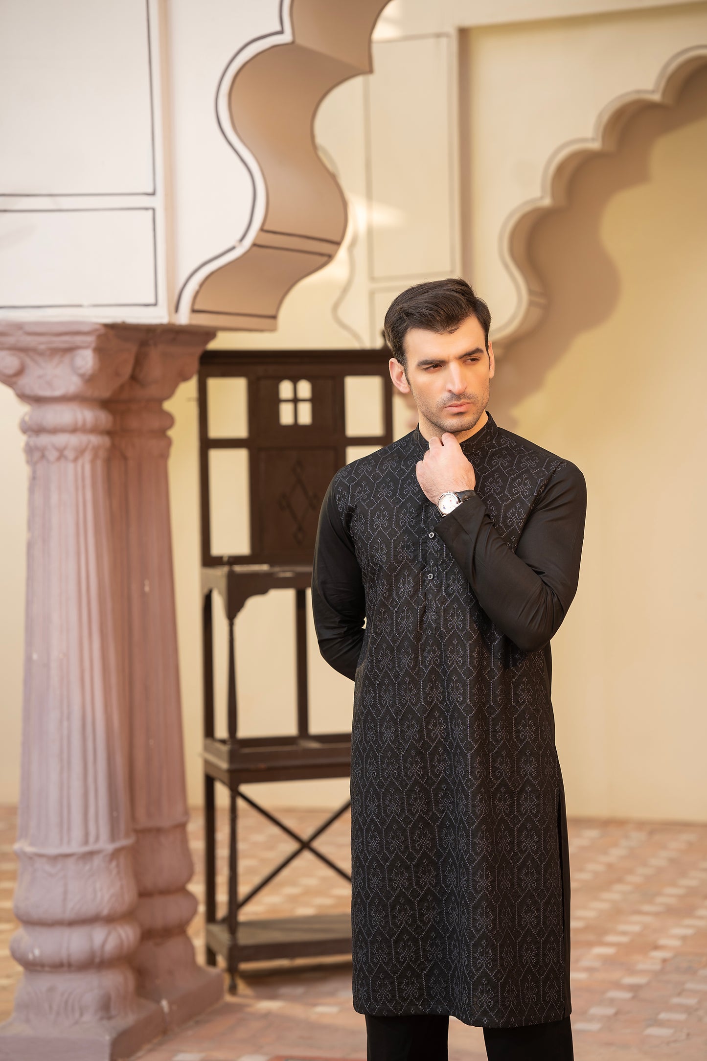 Men Embroidered Unstitch Kameez Shalwar-Black Cotton