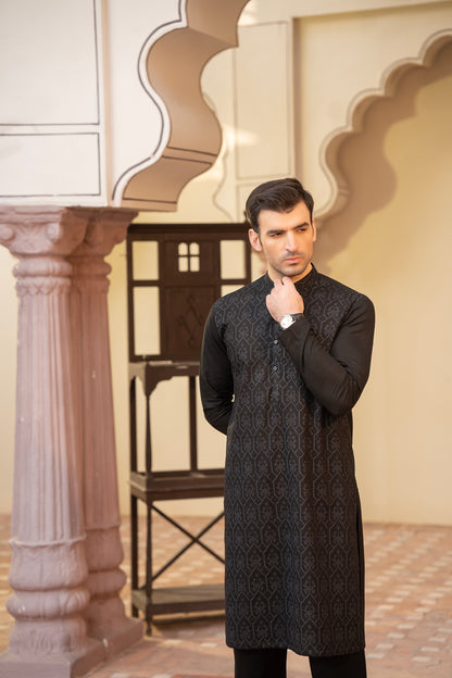 Men Embroidered Unstitch Kameez Shalwar-Black Cotton