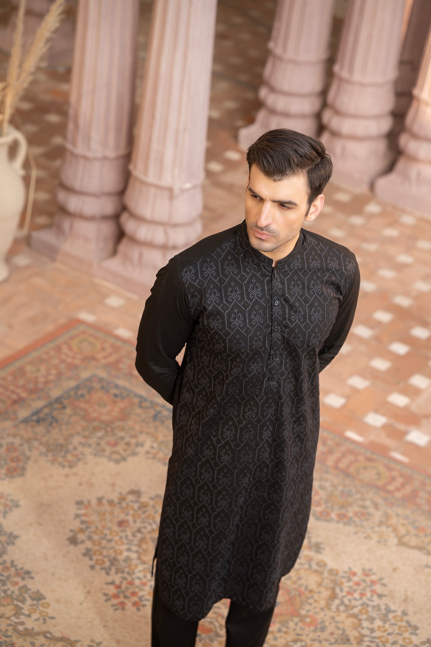 Men Embroidered Unstitch Kameez Shalwar-Black Cotton