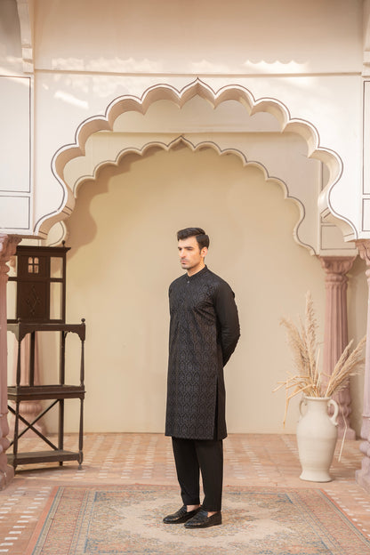 Men Embroidered Unstitch Kameez Shalwar-Black Cotton