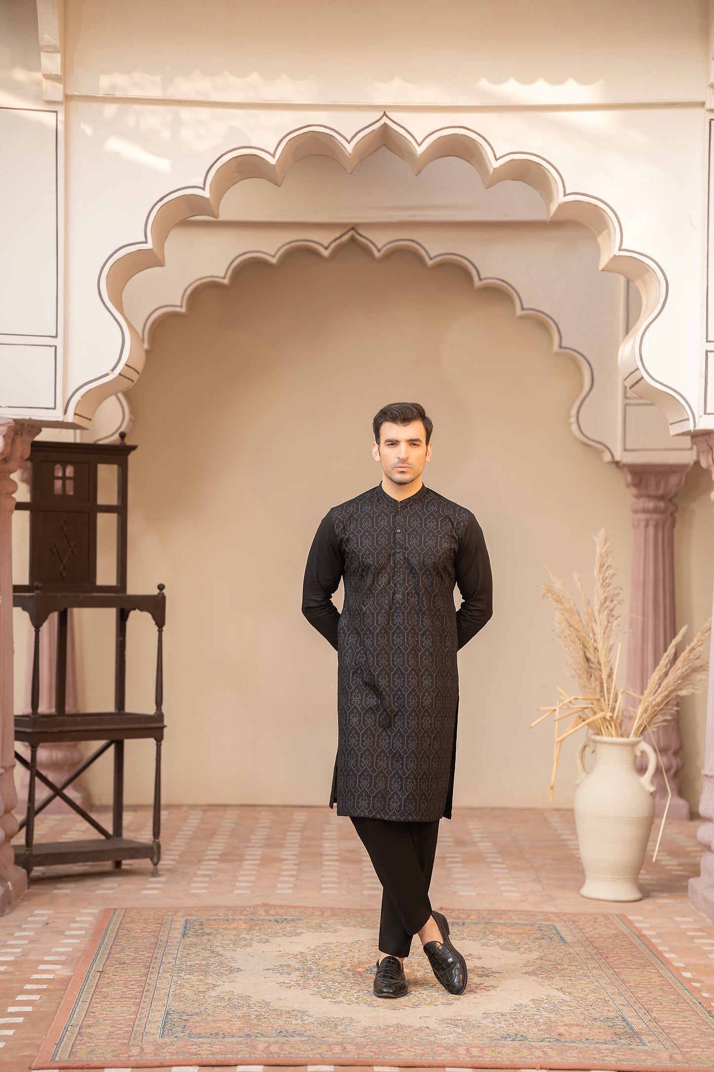 Men Embroidered Unstitch Kameez Shalwar-Black