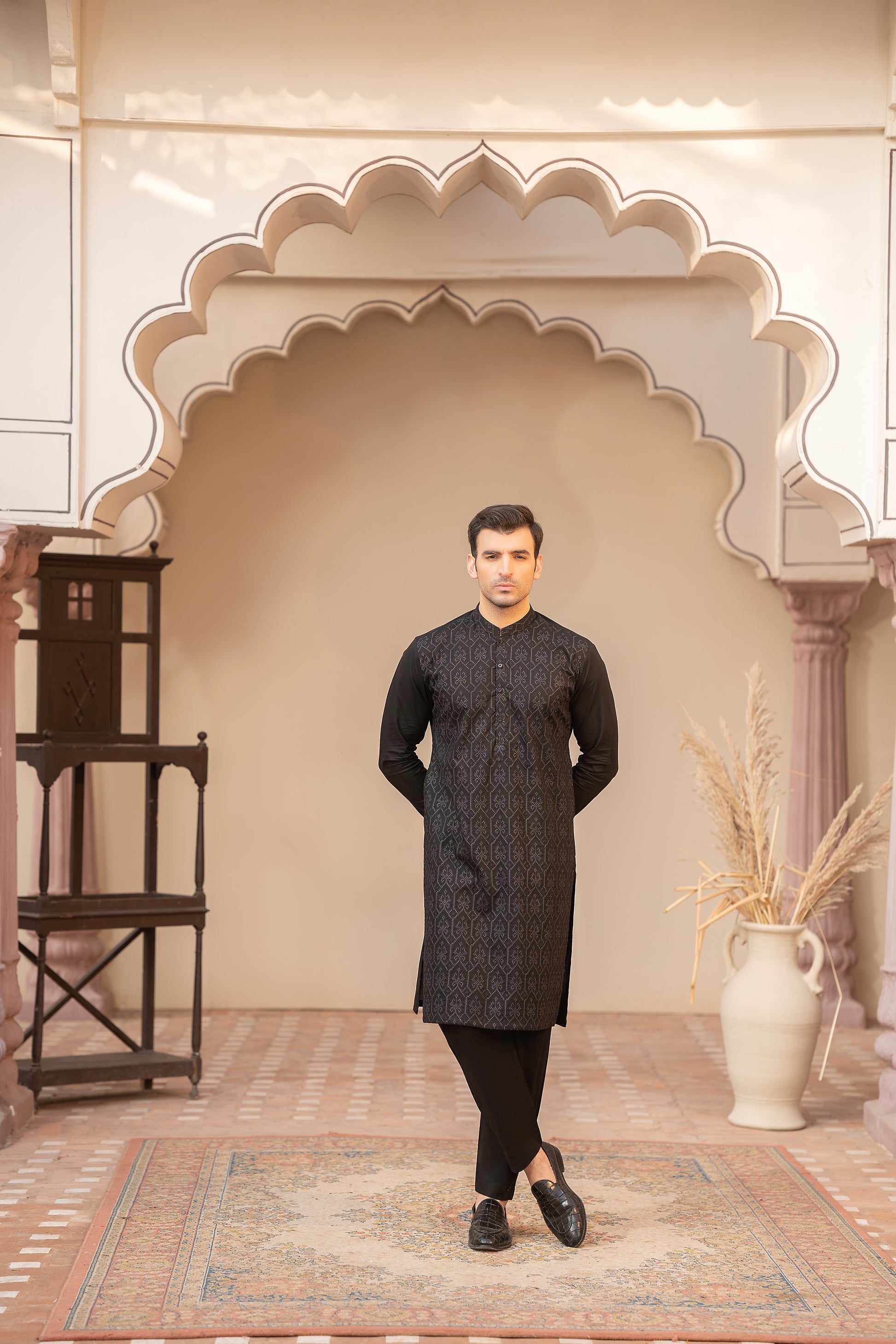 Men Embroidered Unstitch Kameez Shalwar-Black