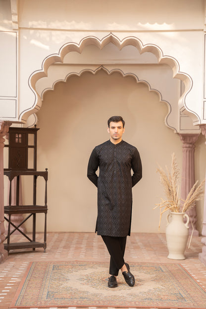 Men Embroidered Unstitch Kameez Shalwar-Black