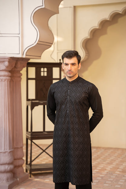 Men Embroidered Unstitch Kameez Shalwar-Black Cotton