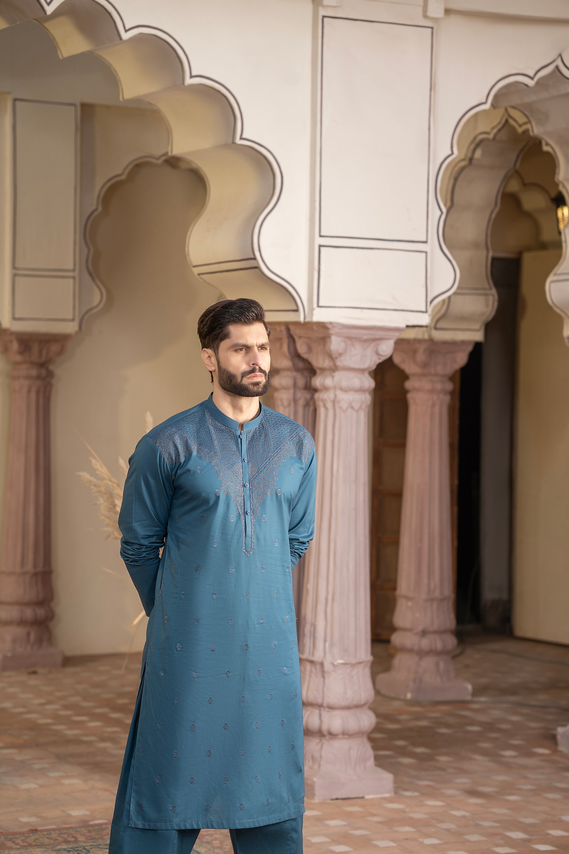 Men Embroidered Unstitch Kameez Shalwar-Cobalt-Blue