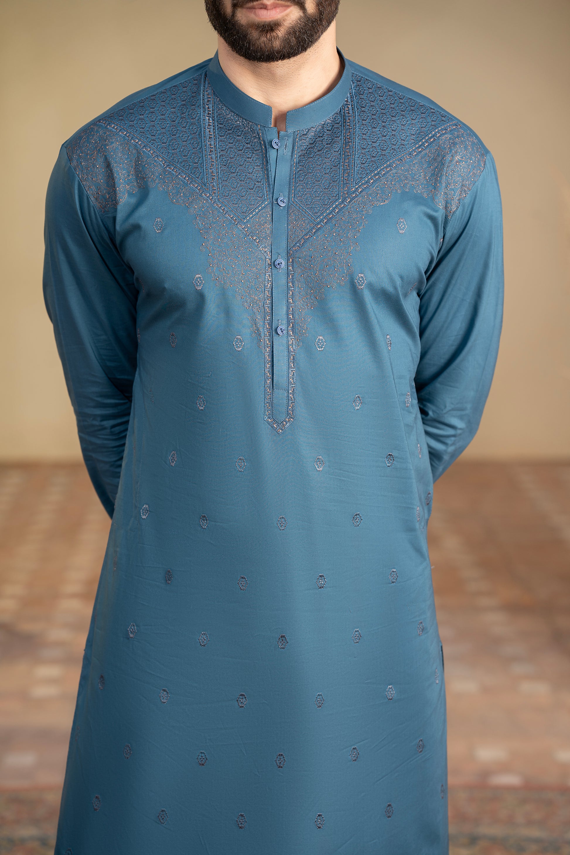 Men Embroidered Unstitch Kameez Shalwar-Cobalt-Blue