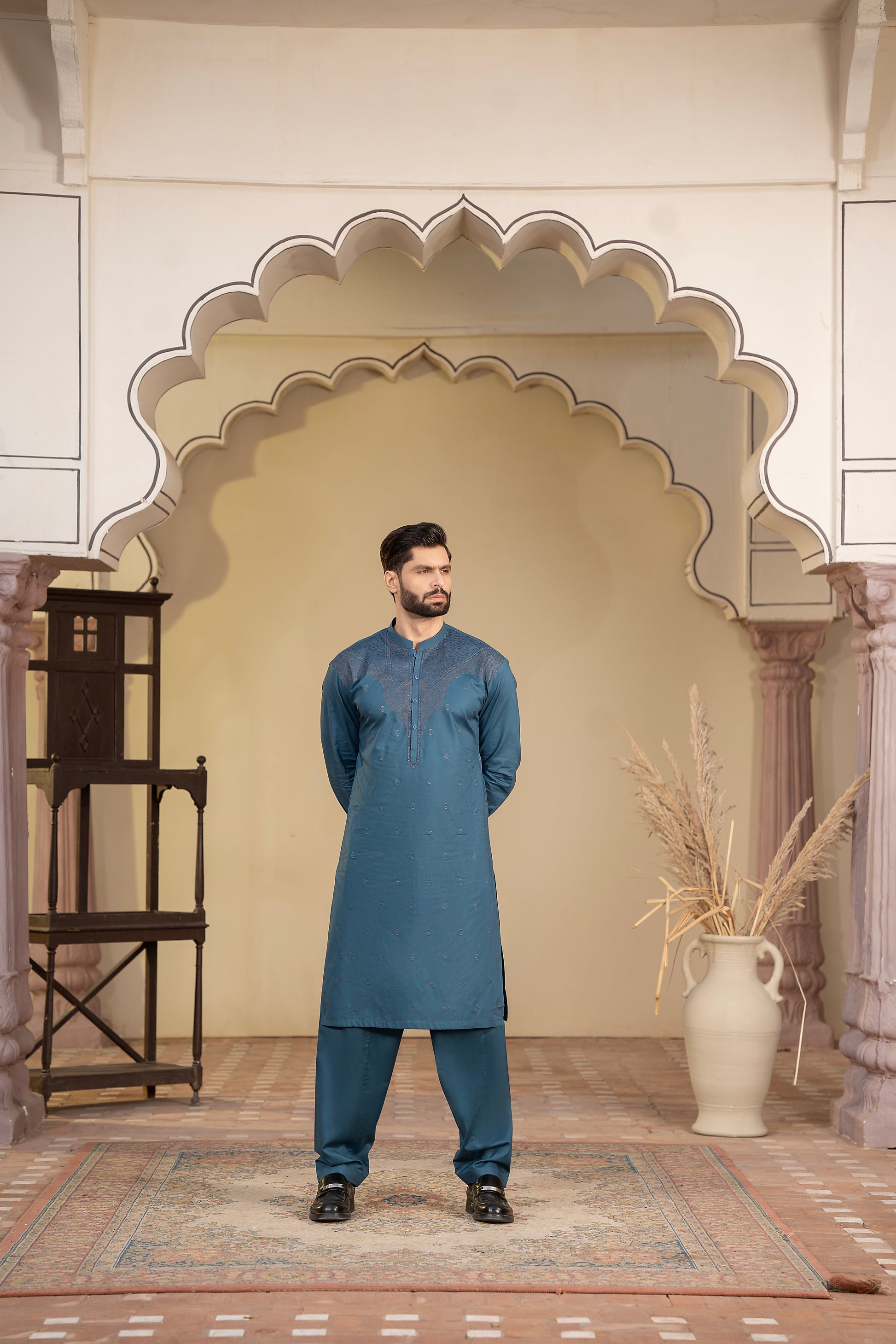 Men Embroidered Unstitch Kameez Shalwar-Cobalt-Blue