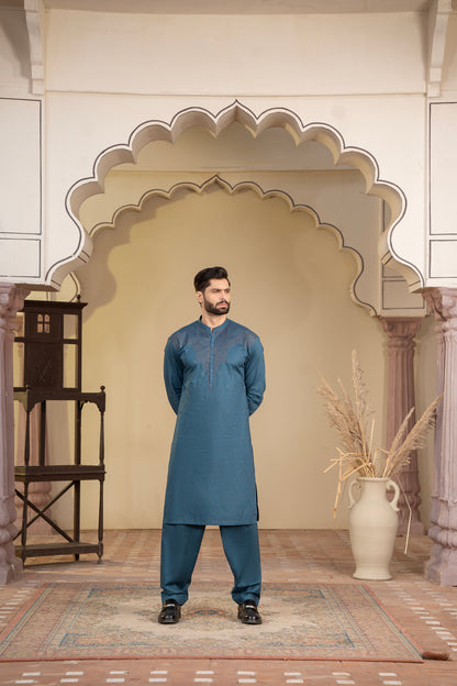 Men Embroidered Unstitch Kameez Shalwar-Cobalt-Blue