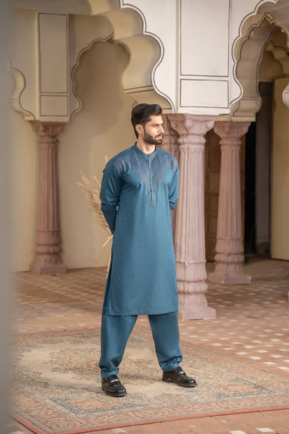 Men Embroidered Unstitch Kameez Shalwar-Cobalt-Blue