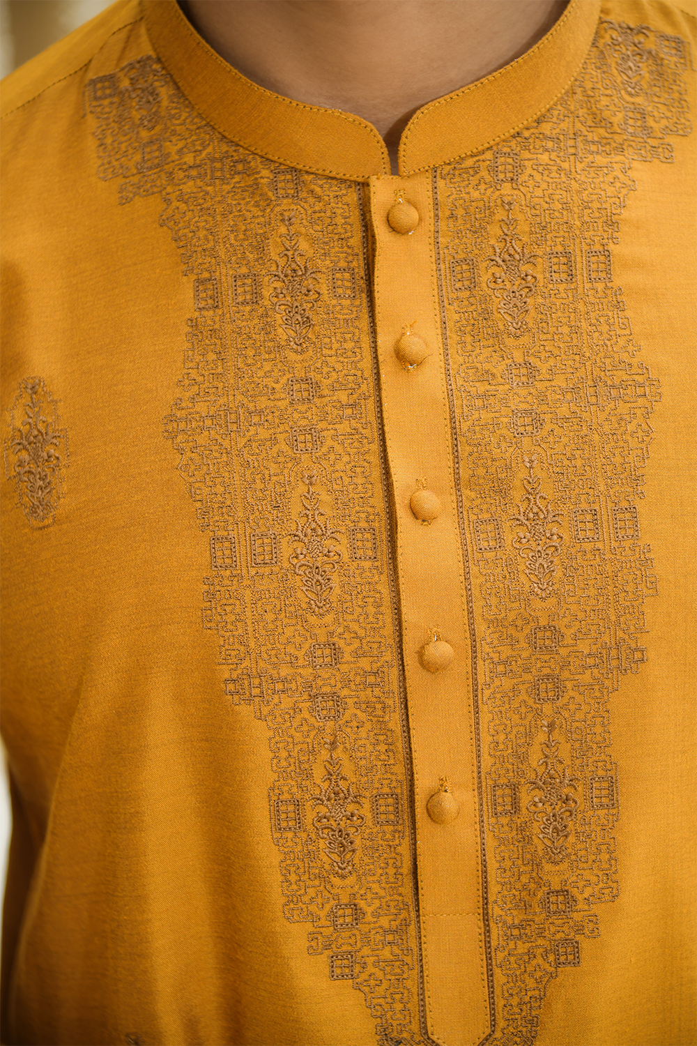 Shehnai Men Unstitch Embroidered Cotton-Silk Fabric Kurta Maize-Orange