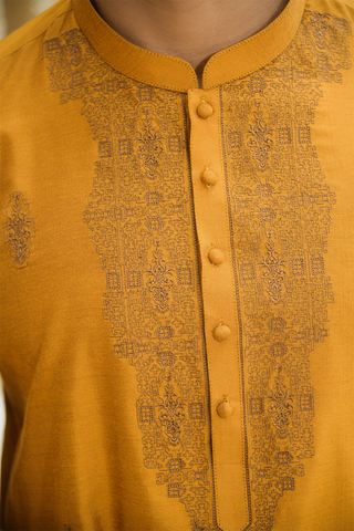 Shehnai Men Unstitch Embroidered Raw Silk Fabric Kurta Maize-Orange