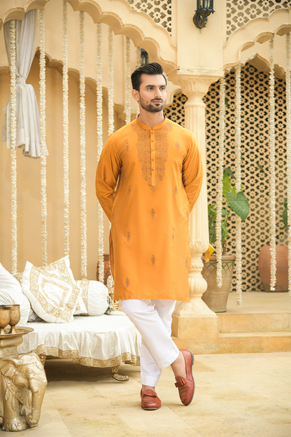 Shehnai Men Unstitch Embroidered Cotton-Silk Fabric Kurta Maize-Orange