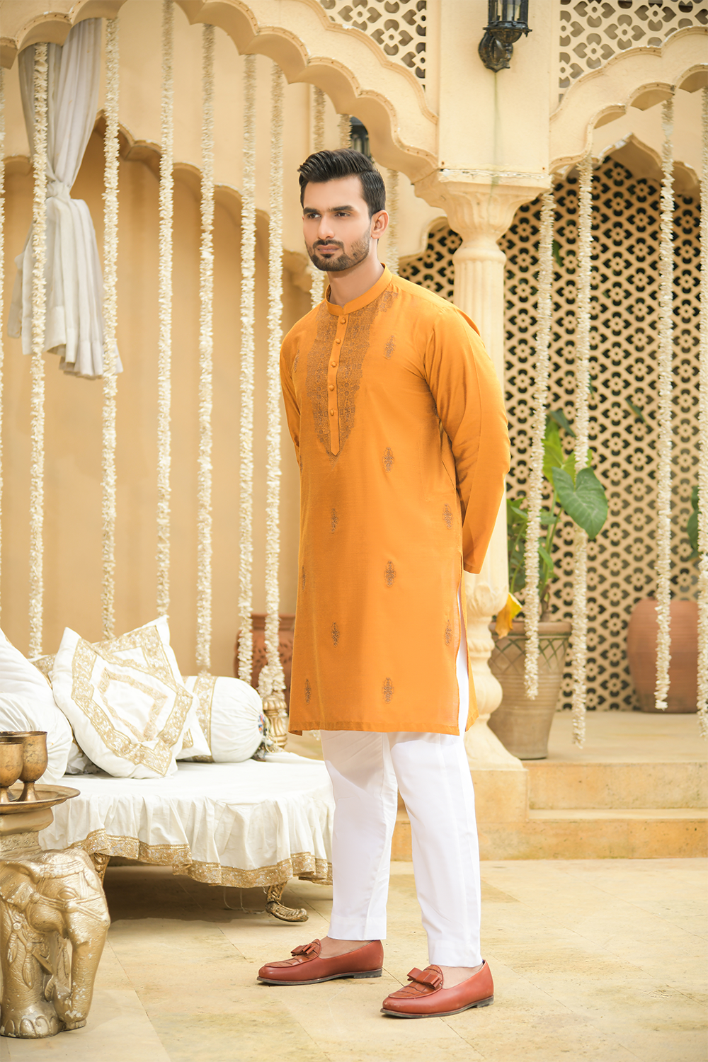 Shehnai Men Unstitch Embroidered Cotton-Silk Fabric Kurta Maize-Orange