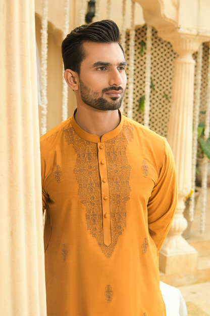 Shehnai Men Unstitch Embroidered Cotton-Silk Fabric Kurta Maize-Orange