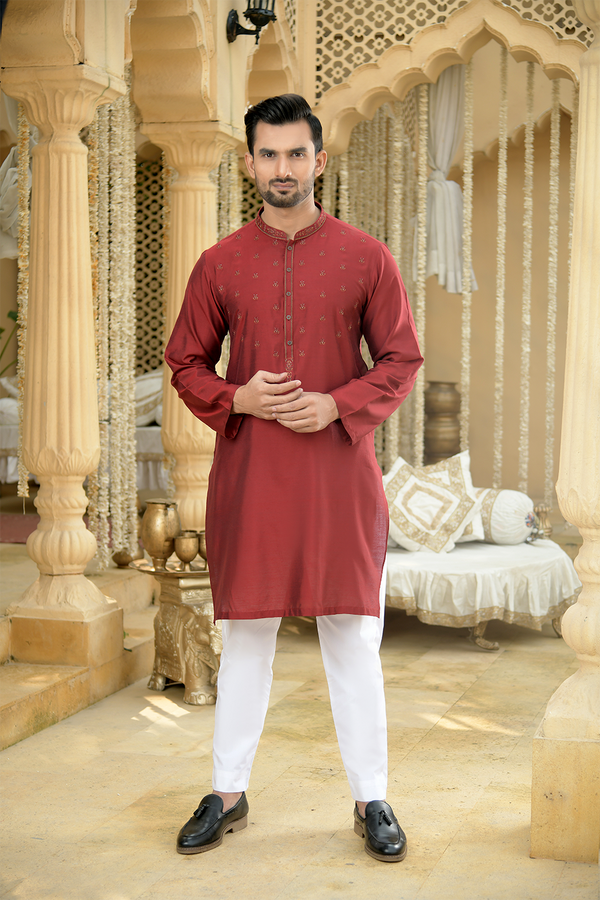 Shehnai Men Unstitch Embroidered Raw Silk Fabric Kurta Currant