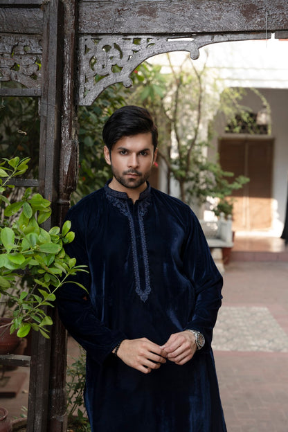 Men Unstitch Semi-Formal Embroidered Kurta Shalwar Navy