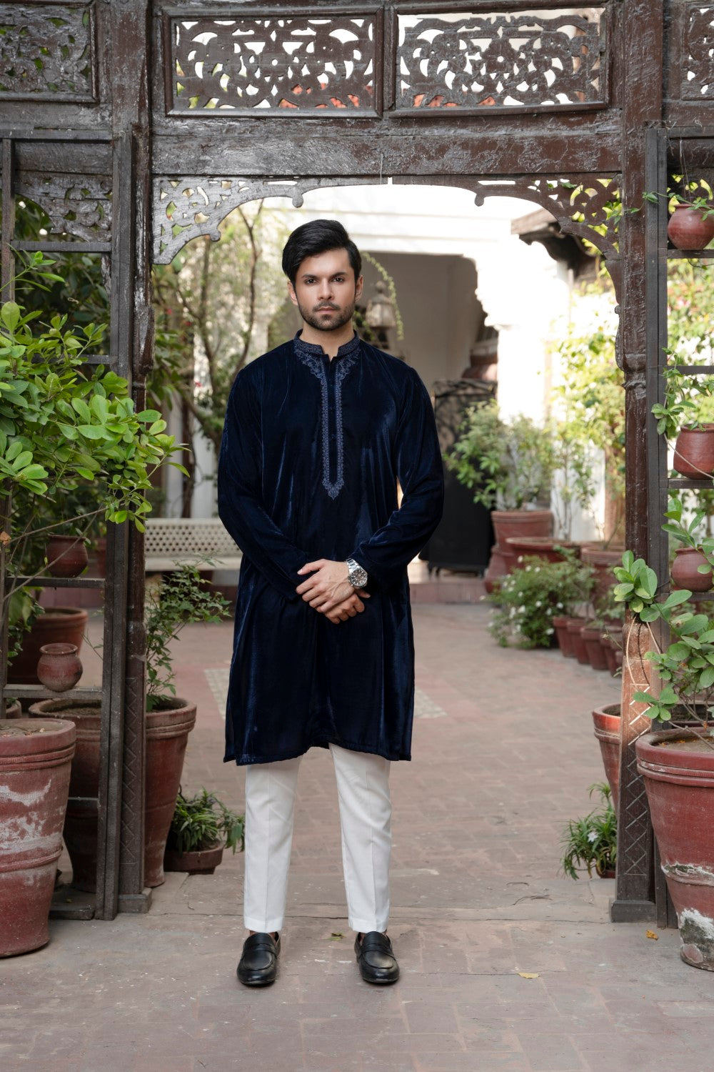 Men Unstitch Semi-Formal Embroidered Kurta Shalwar Navy