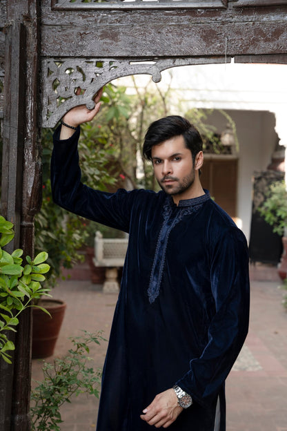 Men Unstitch Semi-Formal Embroidered Kurta Shalwar Navy