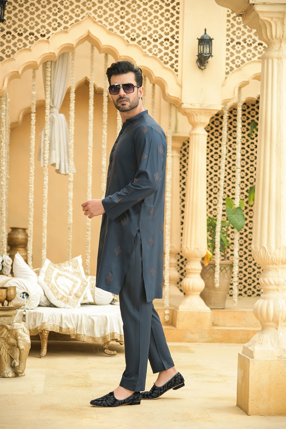 Shehnai Men Unstitch Embroidered Cotton-Silk Fabric Kameez Shalwar Prussian