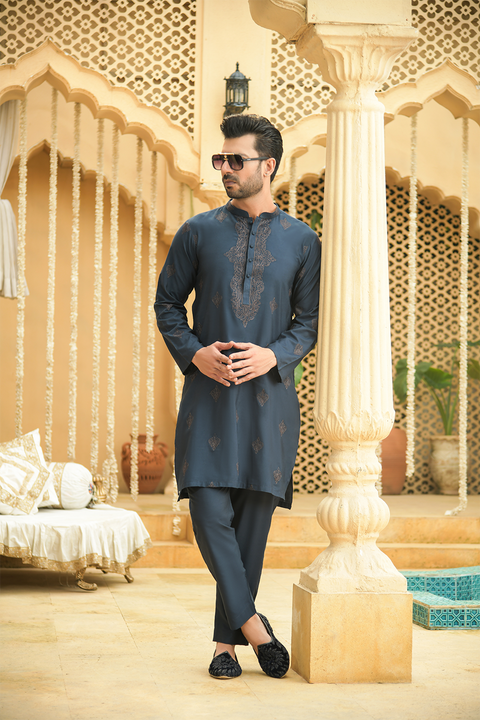 Shehnai Men Unstitch Embroidered Cotton-Silk Fabric Kameez Shalwar Prussian