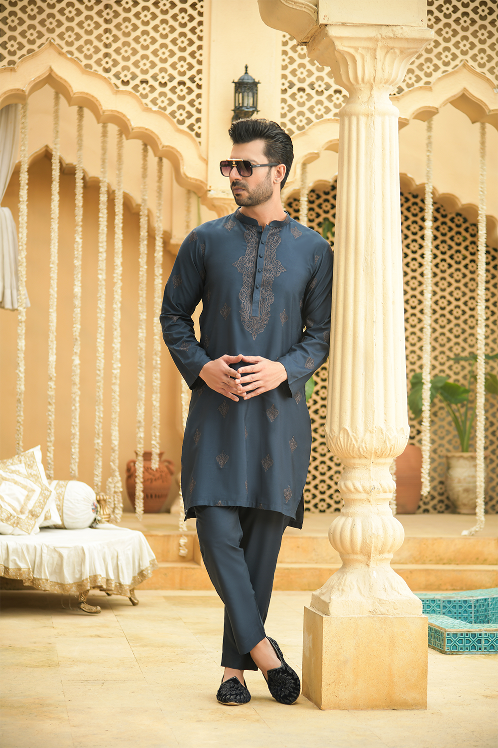 Shehnai Men Unstitch Embroidered Cotton-Silk Fabric Kameez Shalwar Prussian