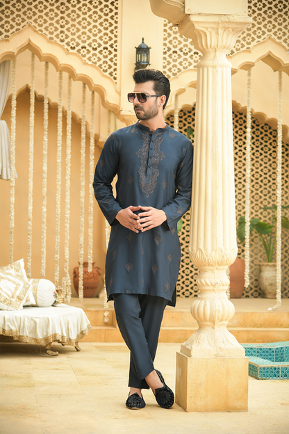 Shehnai Men Unstitch Embroidered Cotton-Silk Fabric Kameez Shalwar Prussian