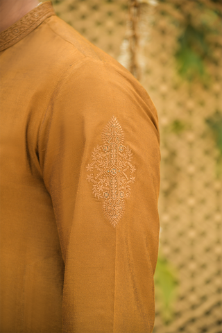 Shehnai Men Unstitch Embroidered Raw Silk Fabric Kameez Shalwar Bronze