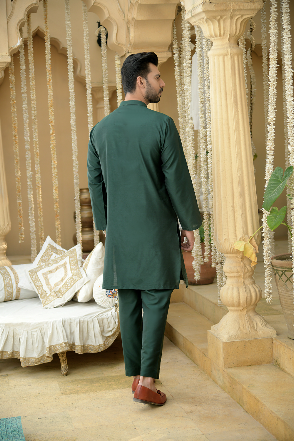 Shehnai Men Unstitch Embroidered Raw Silk Fabric Kameez Shalwar Green