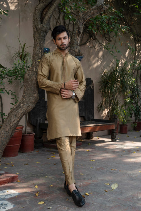 Men Unstitch Semi-Formal Sleeve Embroidered  With Bann/Placket Kameez Shalwar Antique-Gold