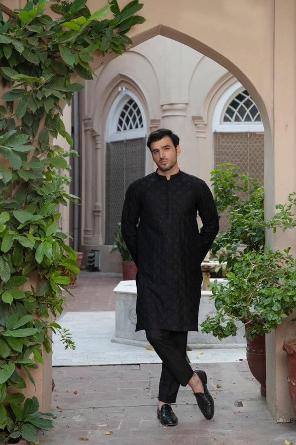 Men Unstitch Allover Embroidered Kameez Shalwar Black