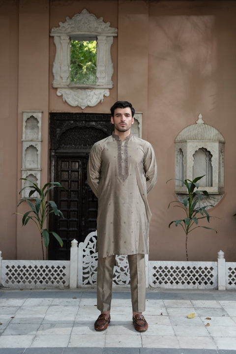 Men Unstitch Formal Neckline-Bann With Allover Motif Spray Embroidered Kameez Shalwar Ecru
