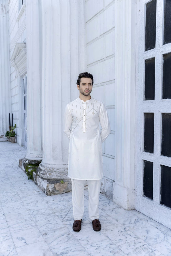 Men Unstitch  Embroidery Kameez Shalwar With Front Galla/Chest Spray Contrast Off-White