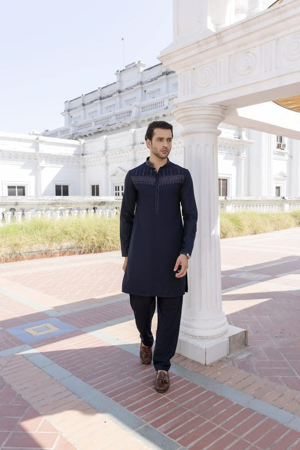 Men Embroidered Unstitch Kameez Shalwar Navy