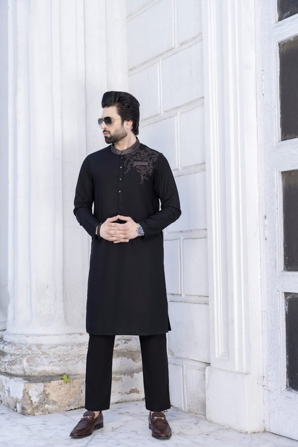 Men Embroidered Unstitch Kameez Shalwar Black