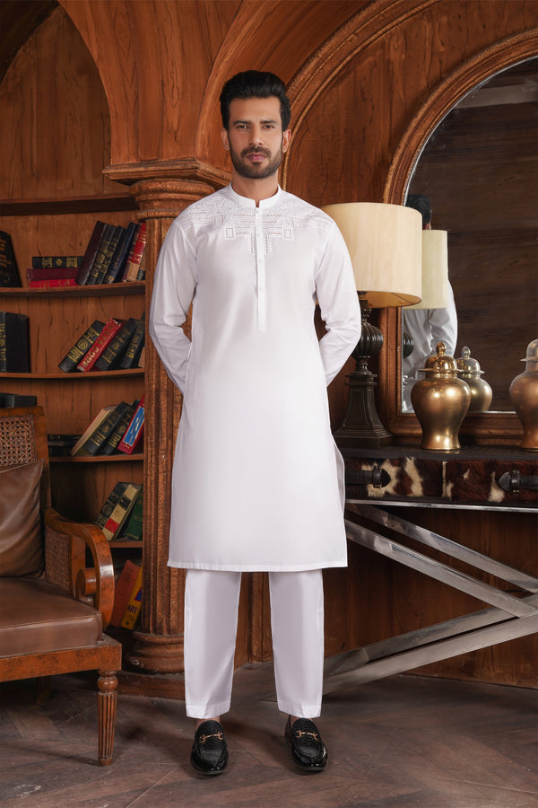 Unstitched Off-White Embroidered Kameez Shalwar for Men