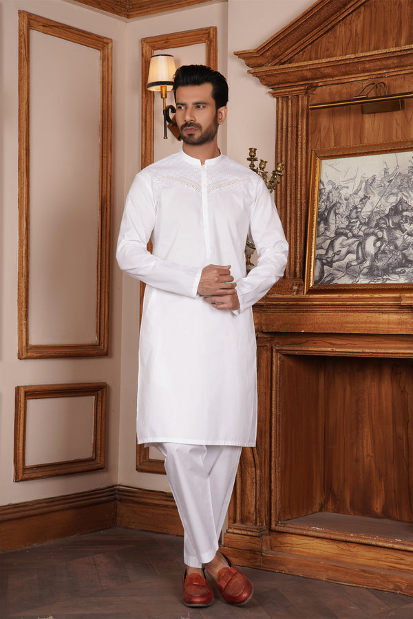 Men’s Off-White Embroidered Kameez Shalwar - Fine Cotton