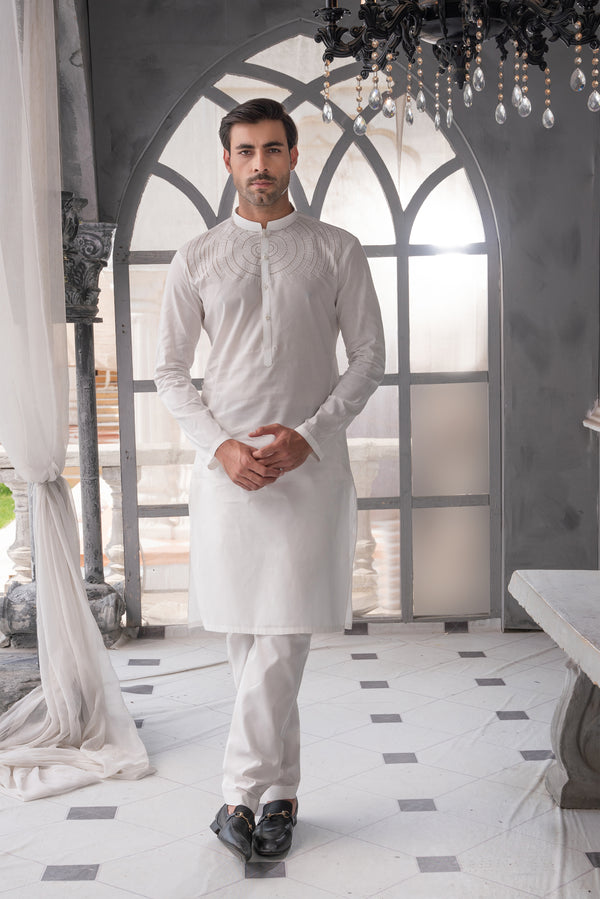 Off-White Embroidered Kameez Shalwar - Fine Cotton