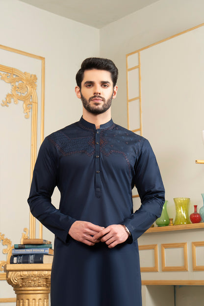 Navy Embroidered Unstitched Kameez Shalwar - Soft Fine Cotton