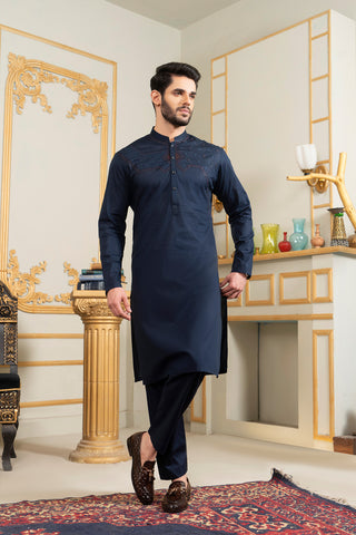 Navy Embroidered Unstitched Kameez Shalwar - Soft Fine Cotton