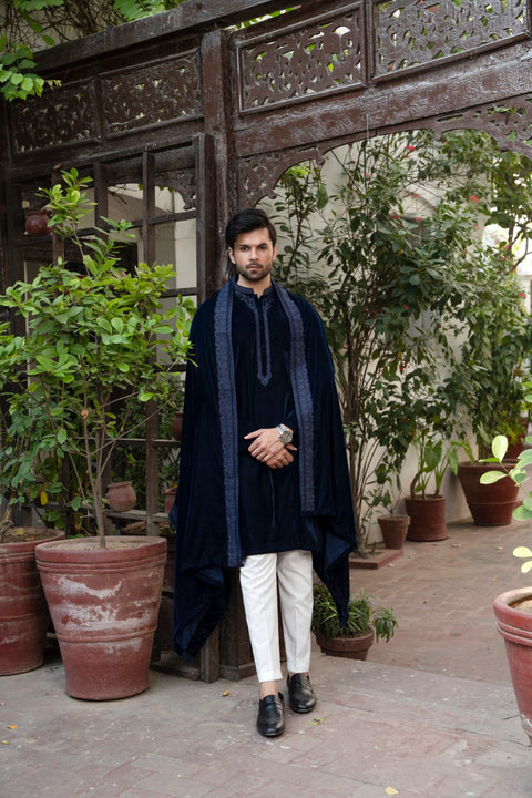 Men Luxury Embroidered Velvet Shawl Navy