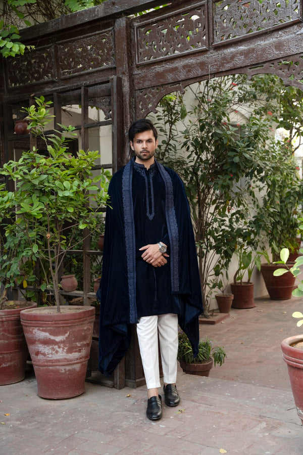 Men Luxury Embroidered Velvet Shawl Navy